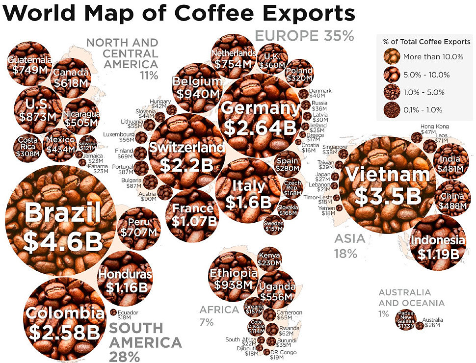 Карта экспорта кофе по всем планете